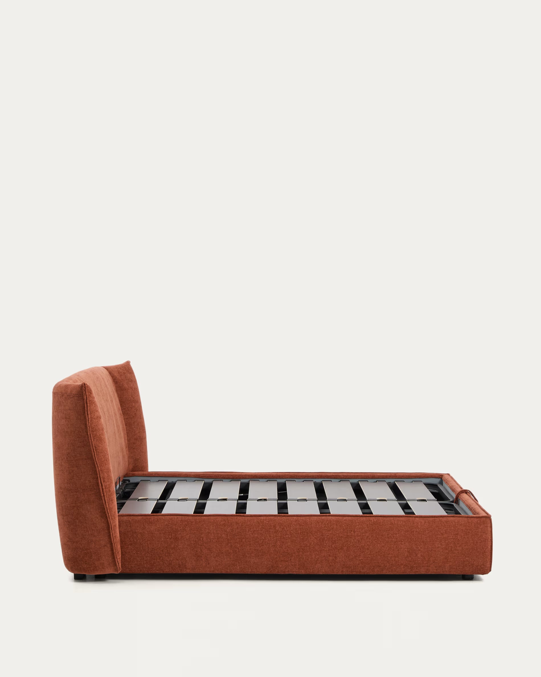 ARVIAN bed with storage for bedding, brick chenille