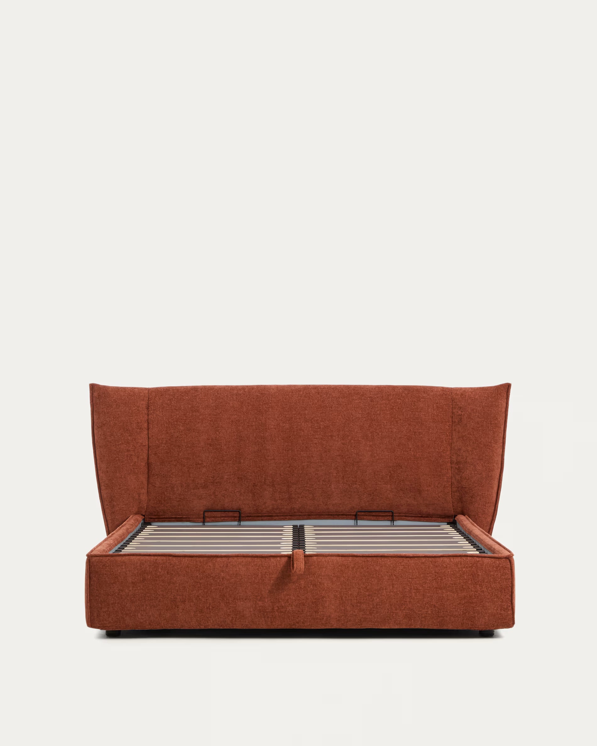 ARVIAN bed with storage for bedding, brick chenille