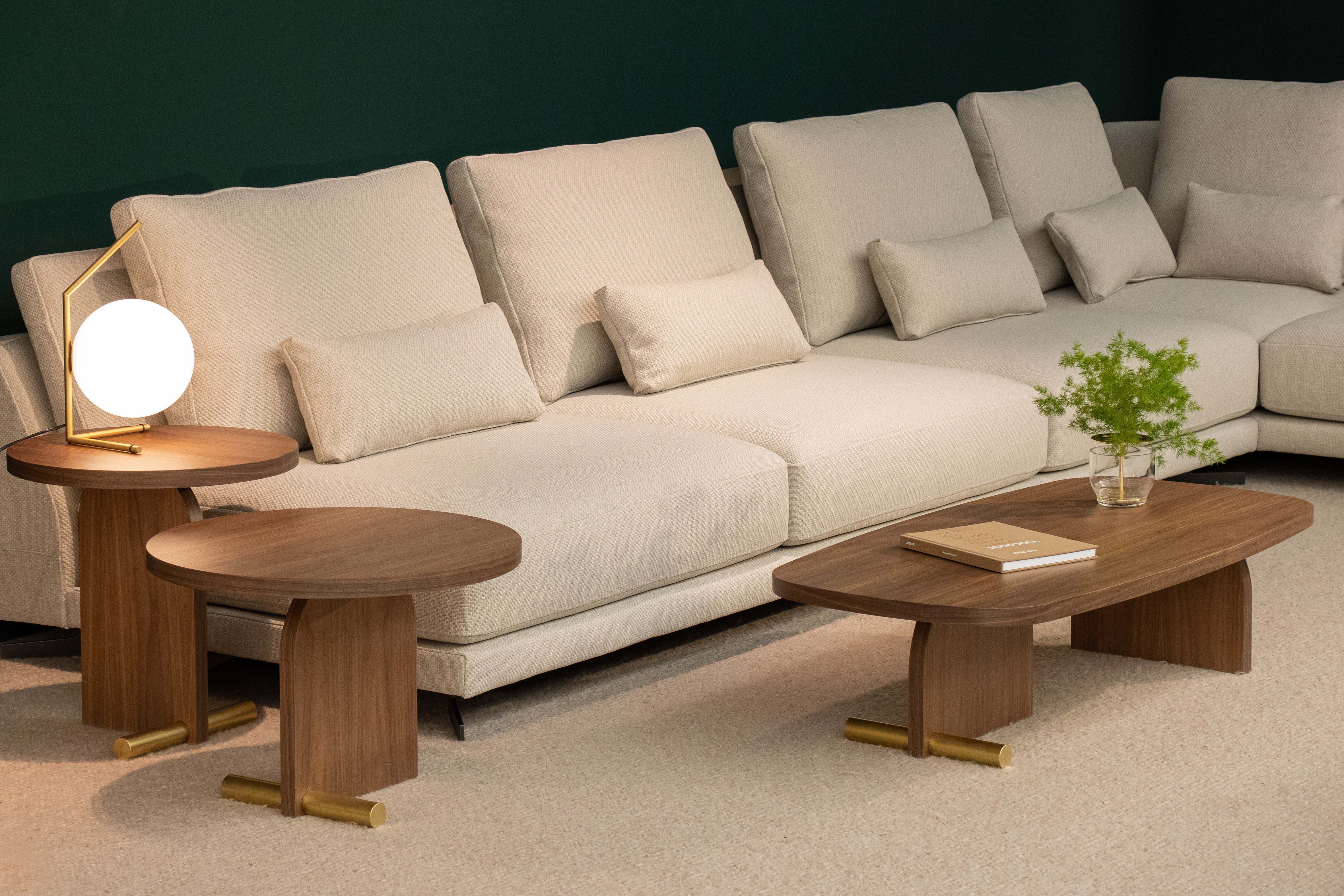 NOVA coffee table with walnut veneer and brass finish