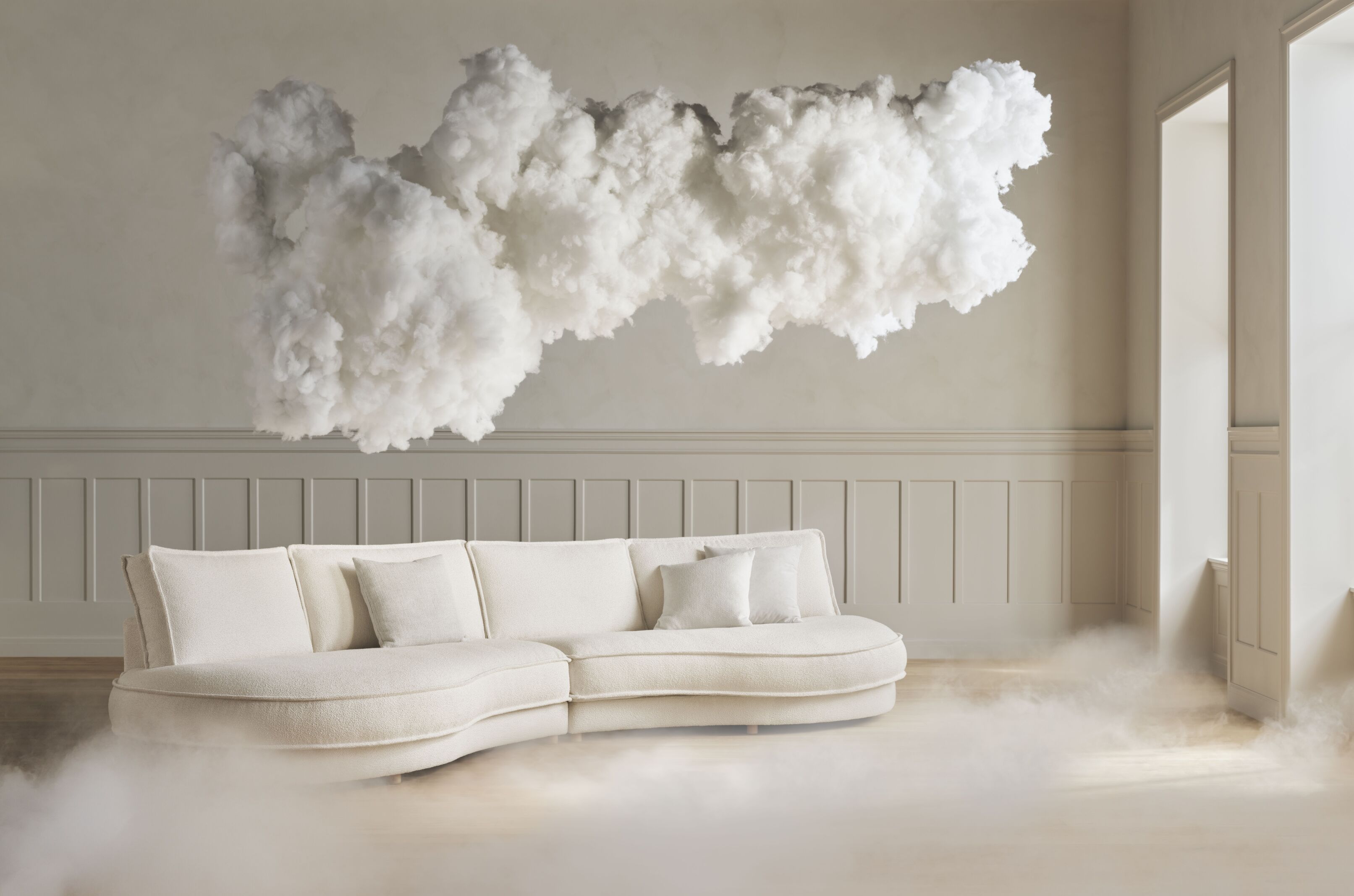 Sofa 2-modulová zaoblená čalouněná NOORA s dubovým podstavcem