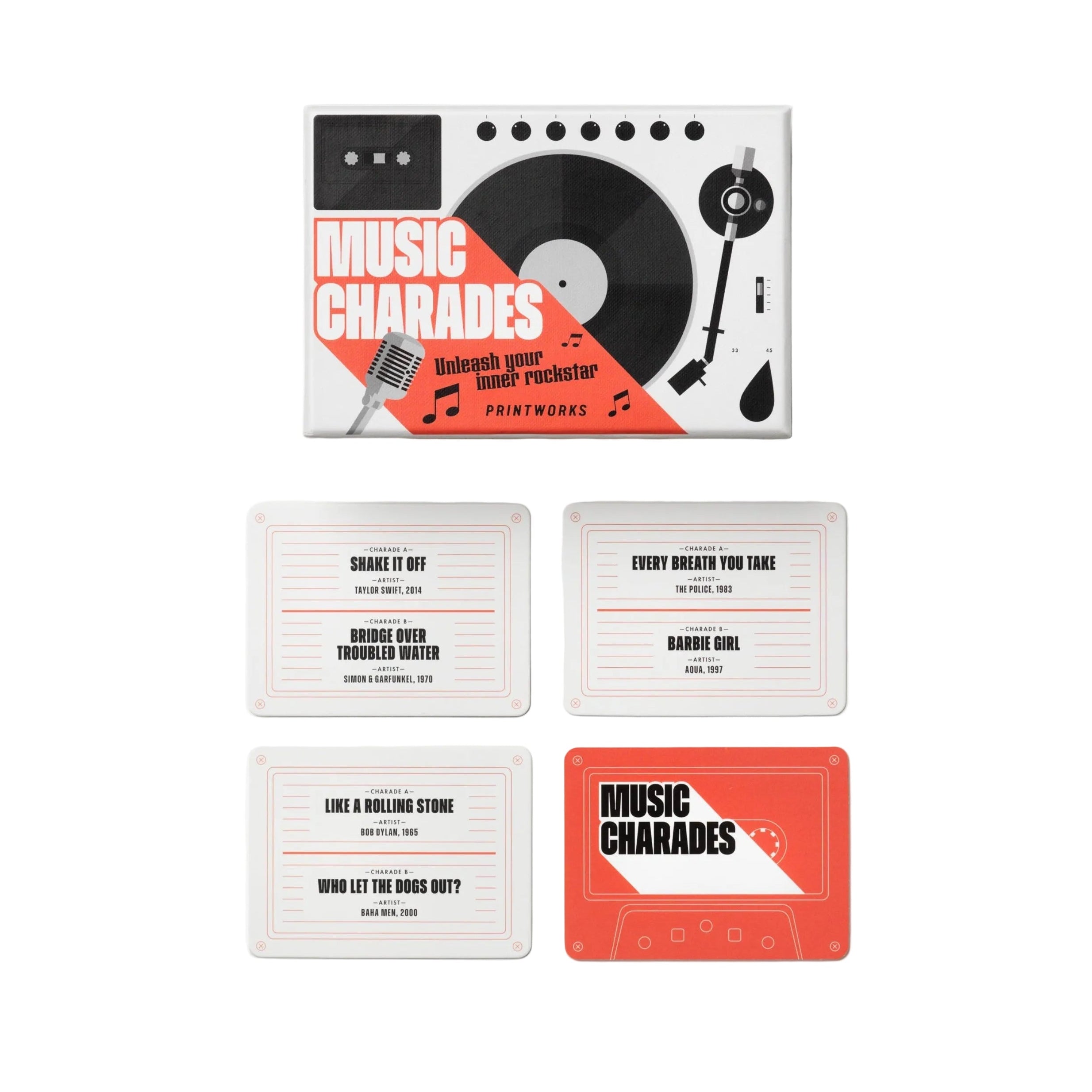Music Charades Game in White with Black and Red