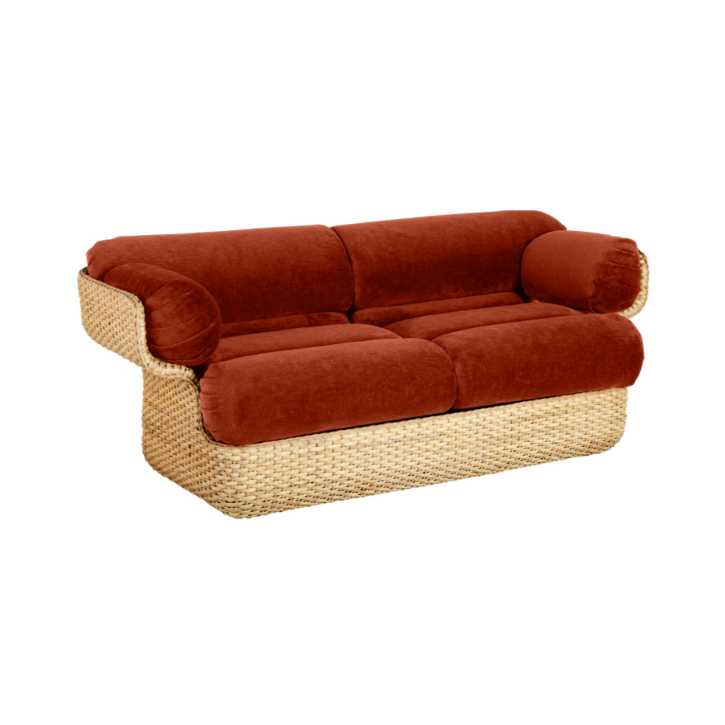 2-Seater Sofa BASKET in Burgundy with Rattan