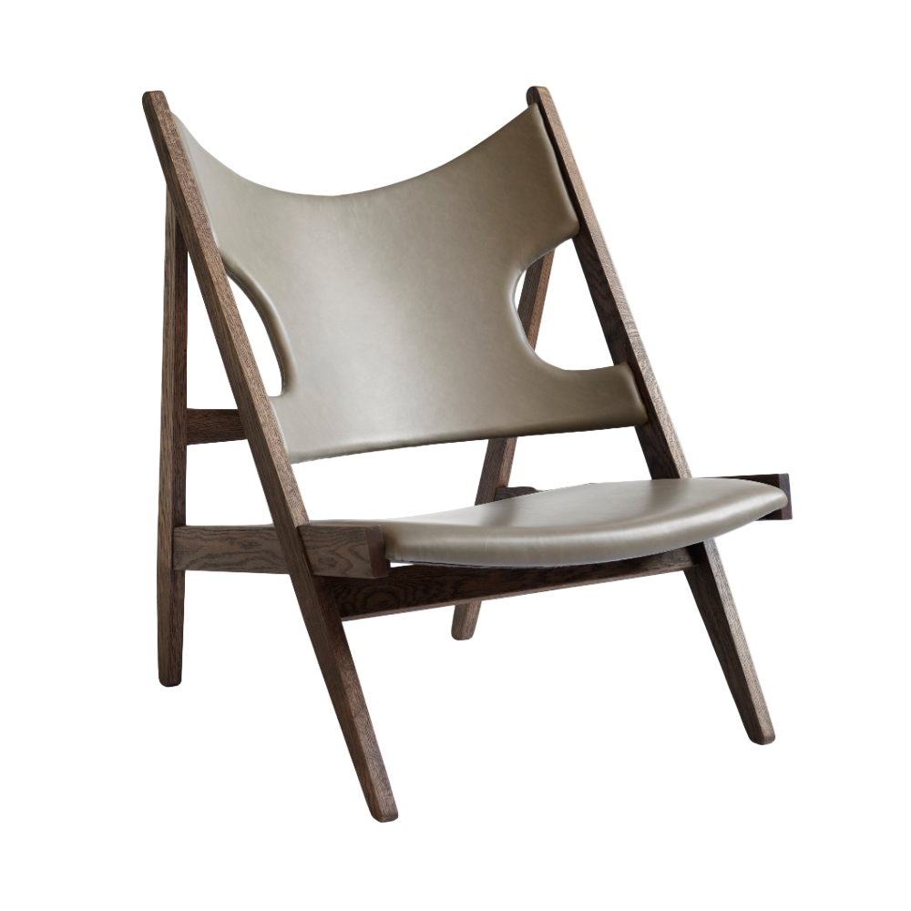 Křeslo KNITTING šedá kůže s tmavě dubovým podstavcem