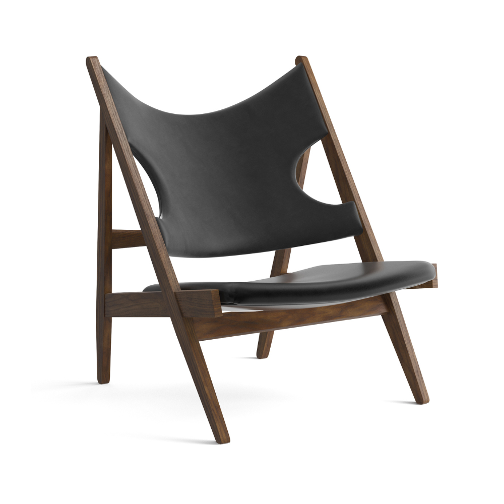 Křeslo KNITTING černá kůže s ořechovým podstavcem