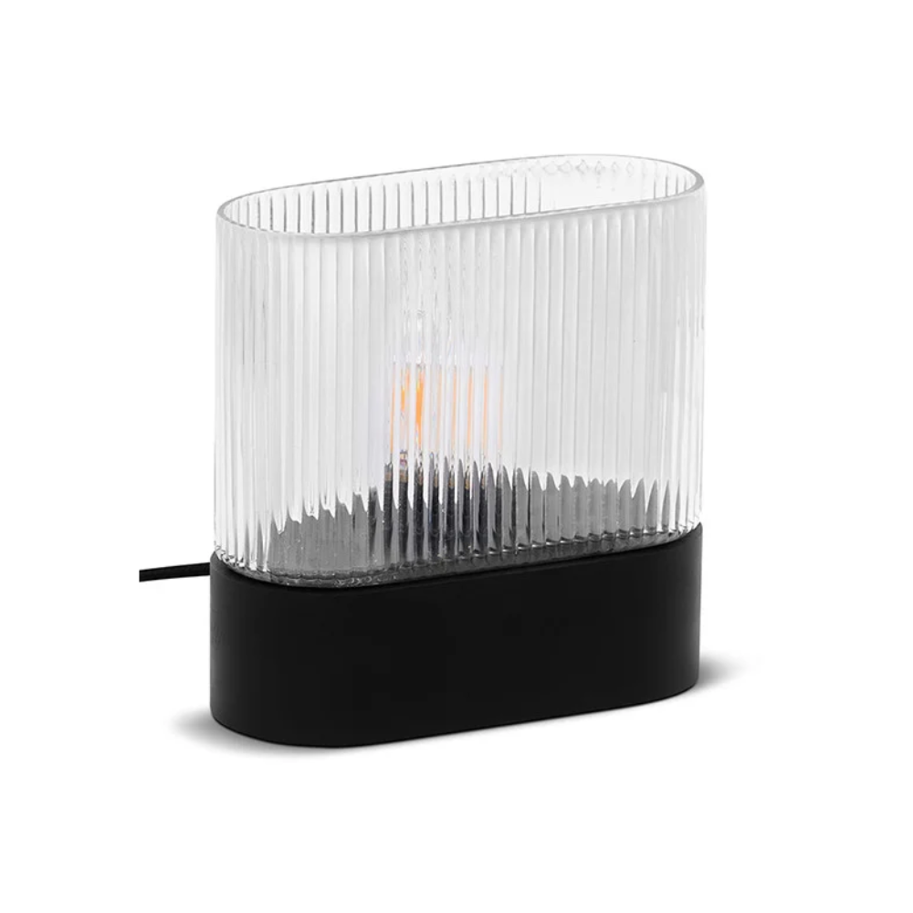 FLUMINA table lamp with ribbed glass and black ash wood