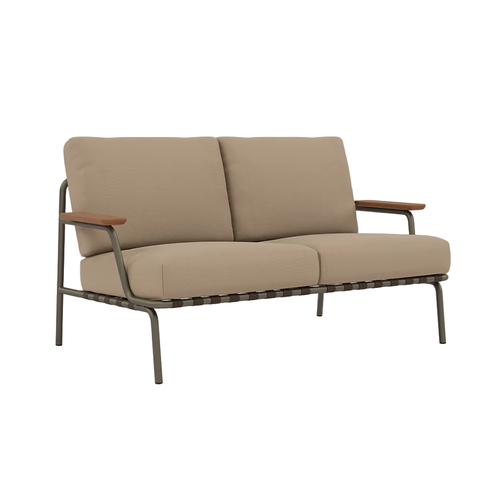 Sofa se zpevněnými opěrkami pro venkovní použití 2-místná SETTLE hnědá s taupe podstavou