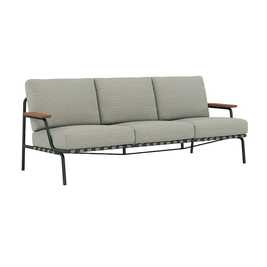 Sofa se zpevněnými opěrkami 3-místná SETTLE šedá se zeleným podstavcem