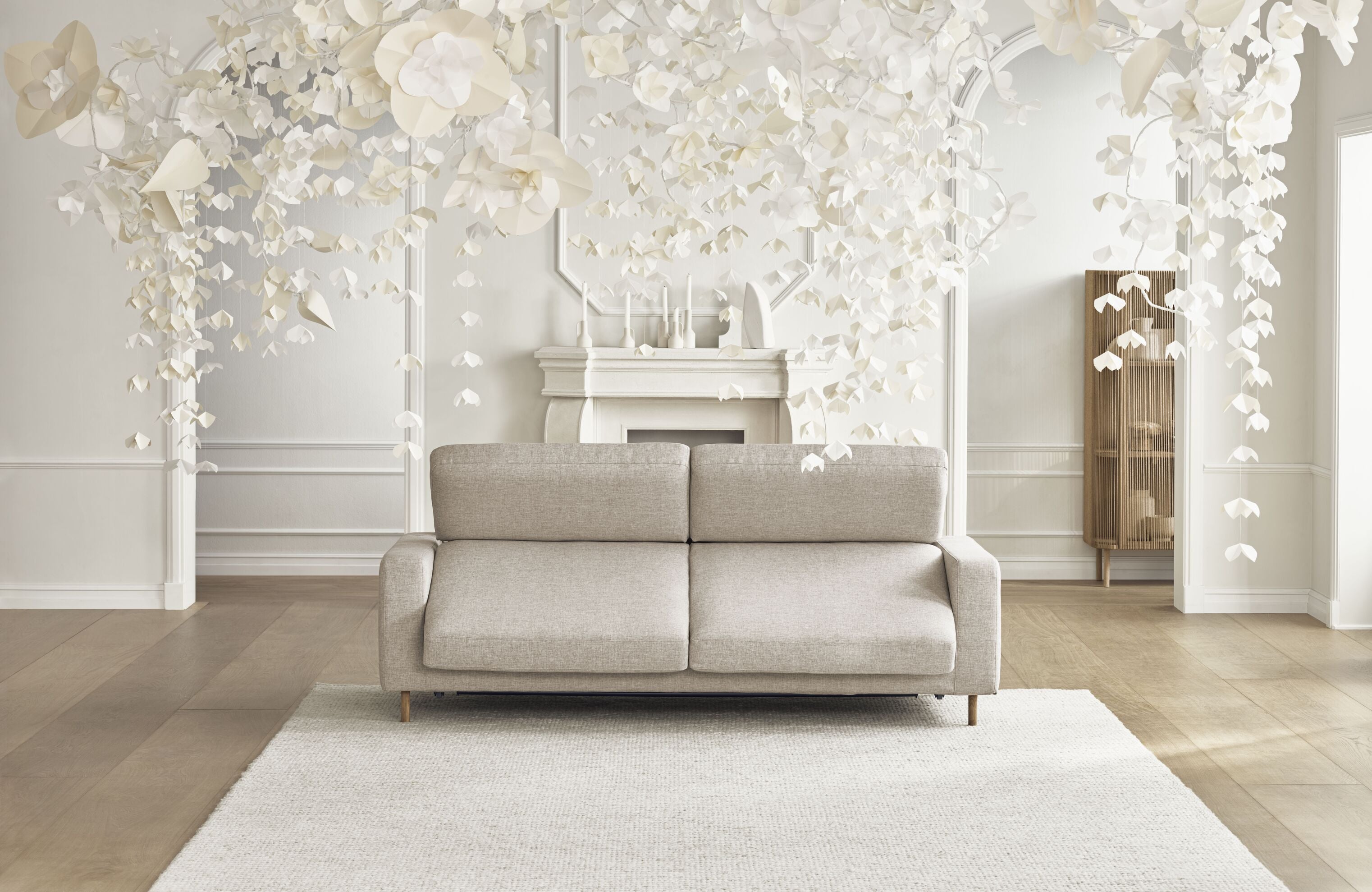 Rozkládací pohovka pro 3 osoby SCANDINAVIA s podstavou z tmavého dubového dřeva