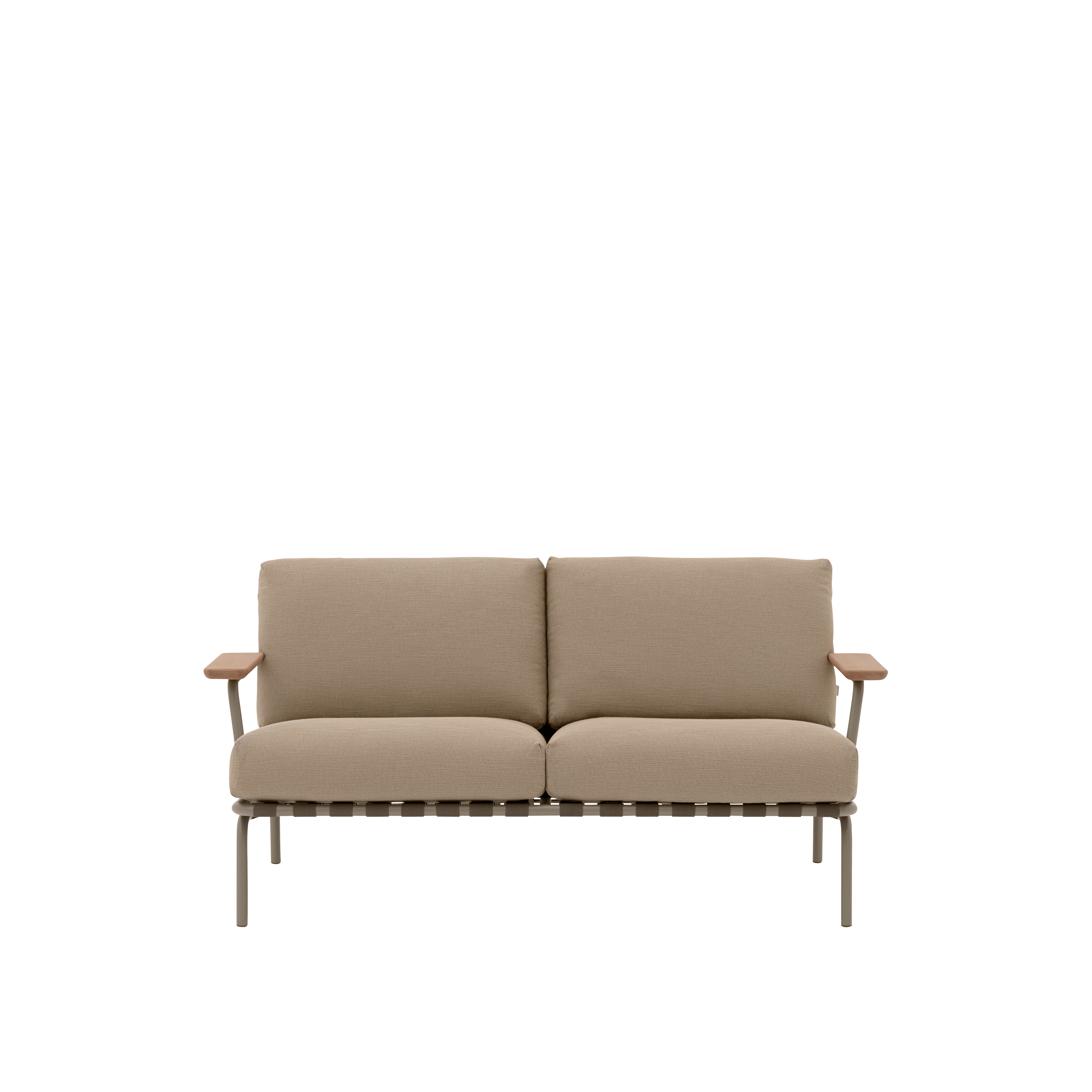 Sofa se zpevněnými opěrkami pro venkovní použití 2-místná SETTLE hnědá s taupe podstavou