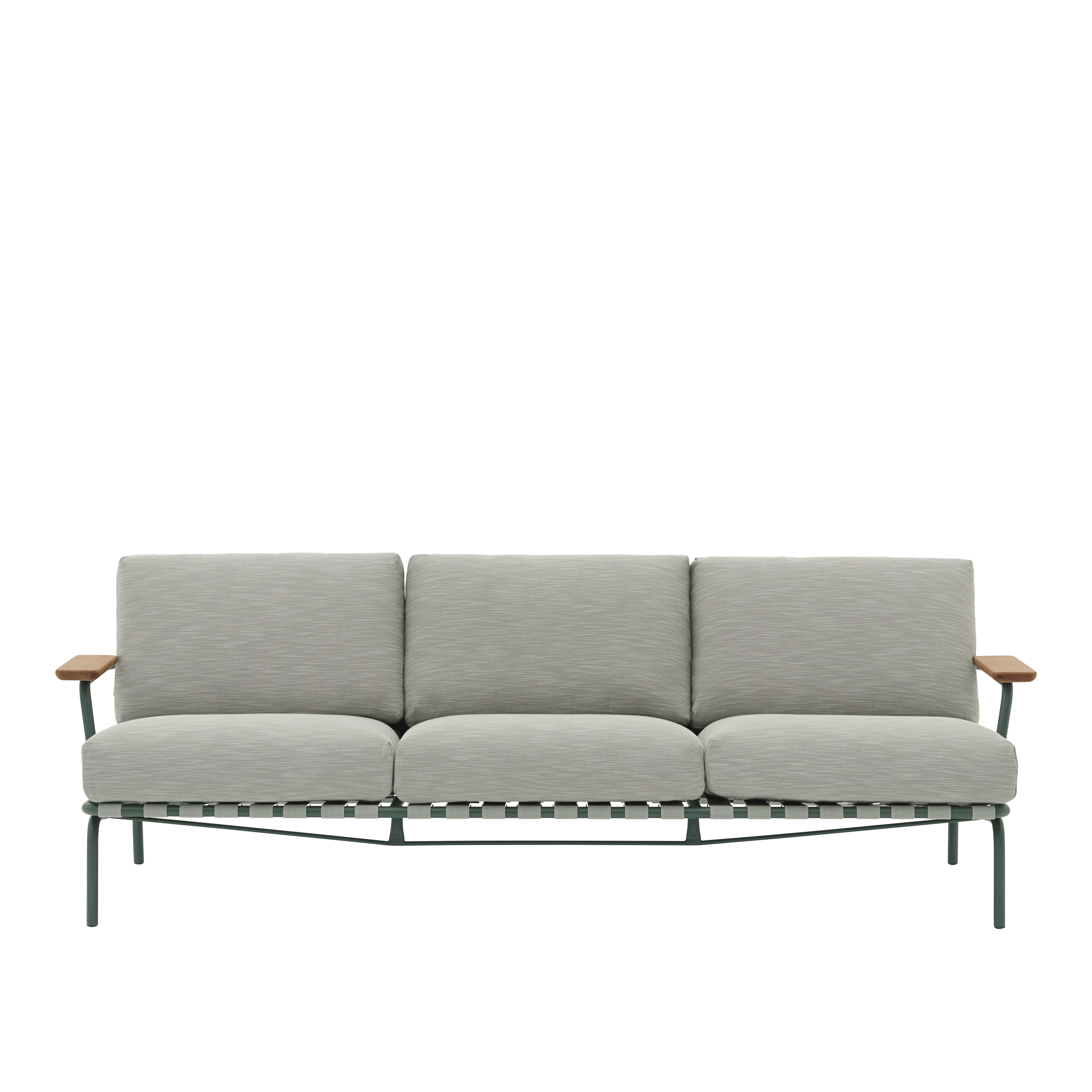 Sofa se zpevněnými opěrkami 3-místná SETTLE šedá se zeleným podstavcem