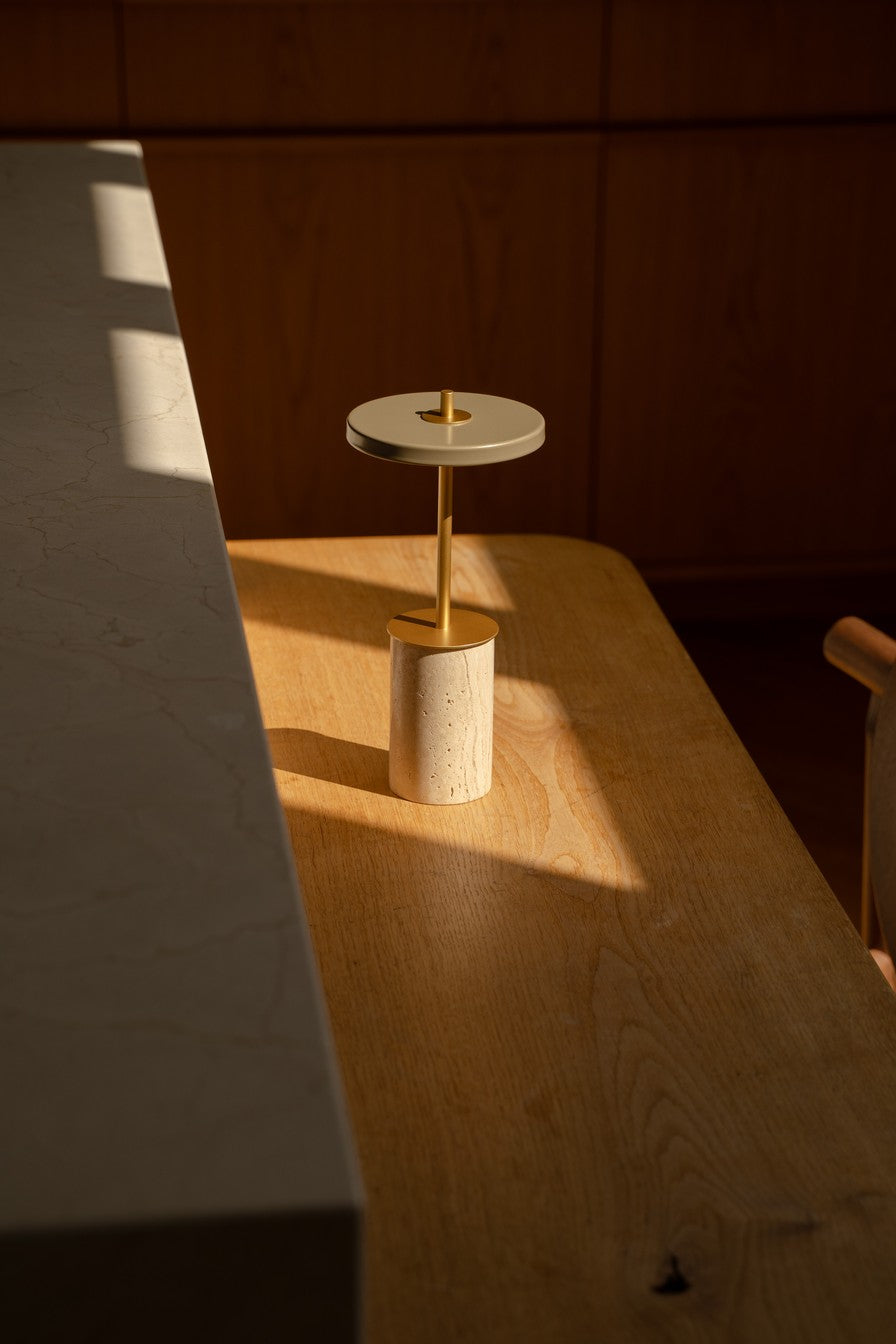 ASTERIA MOVE MINI Table Lamp travertine with gold insert