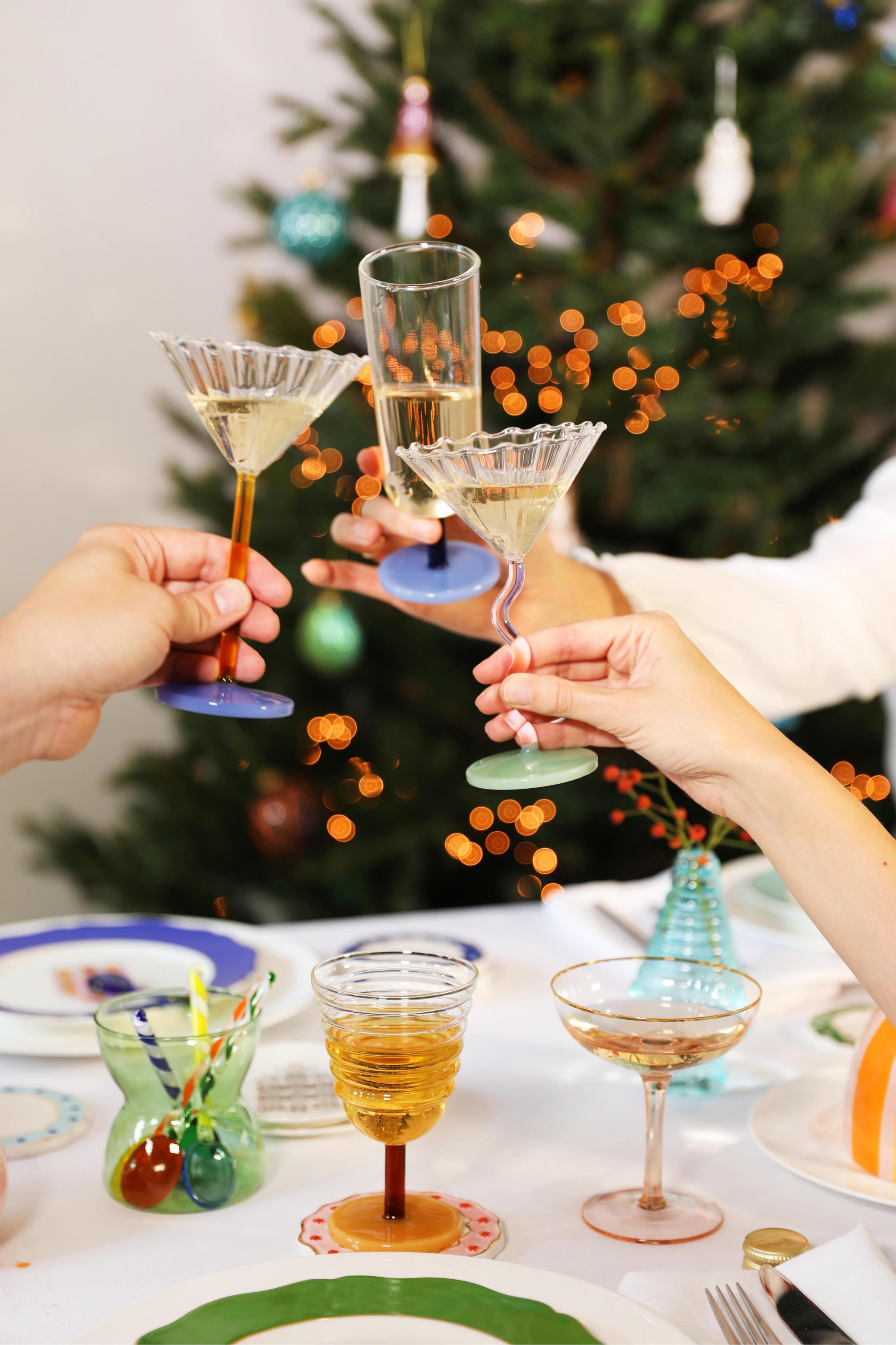 Set of CURVE glass goblets yellow with pink
