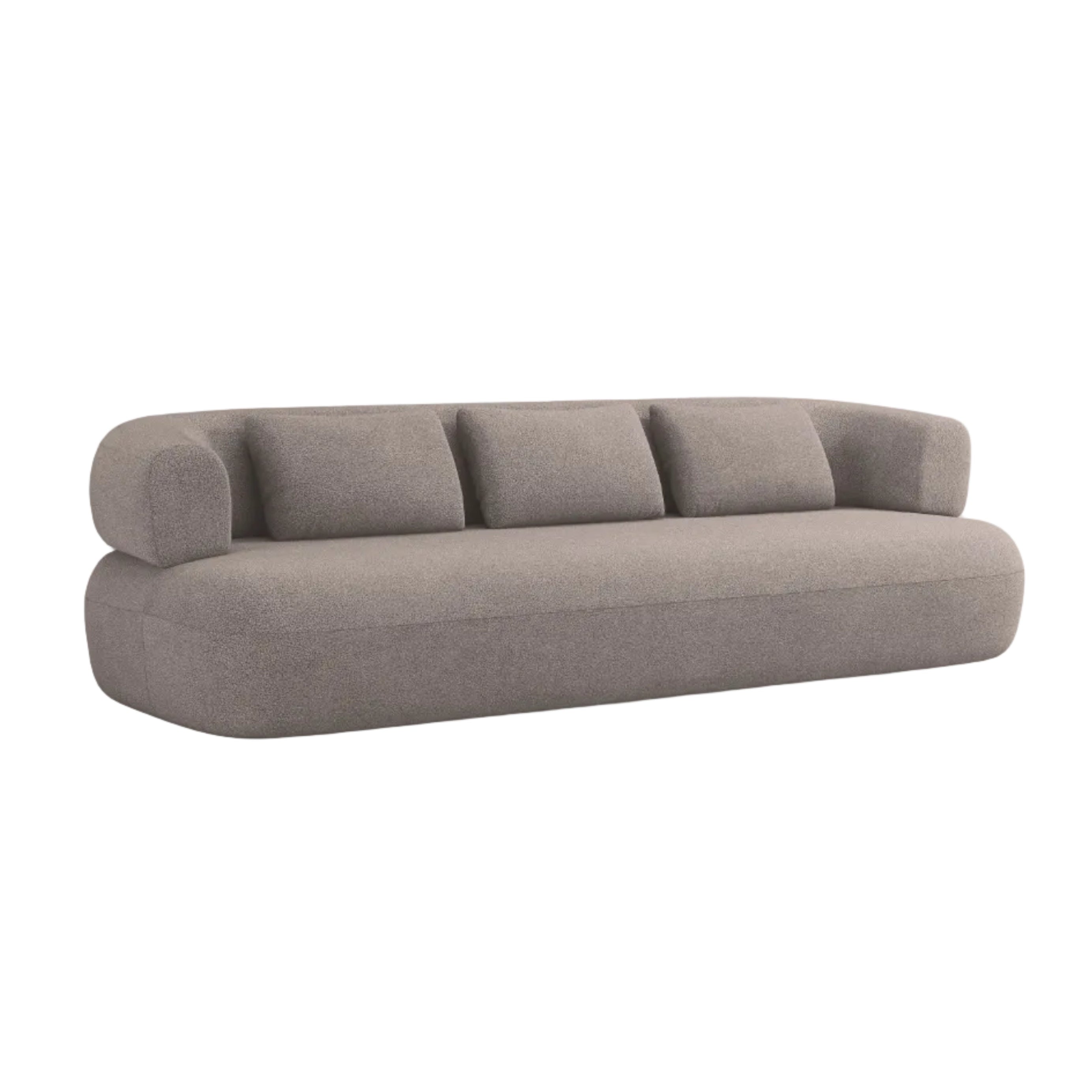 Sofa pro 3-5 osob je ALDRIN v jasně hnědé bouclé.