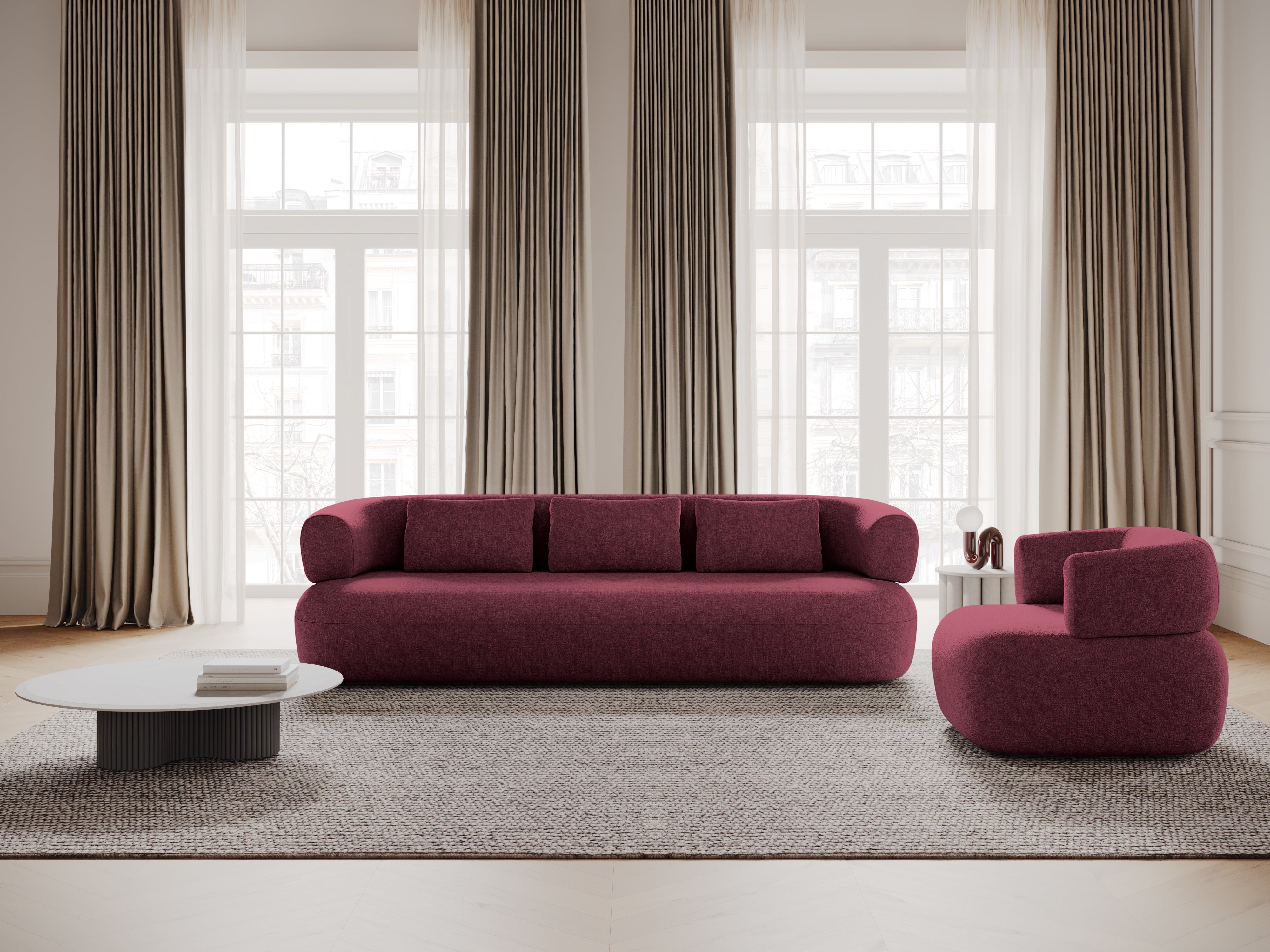 Sofa pro 3,5 osoby ALDRIN v karmazínovém šenilu