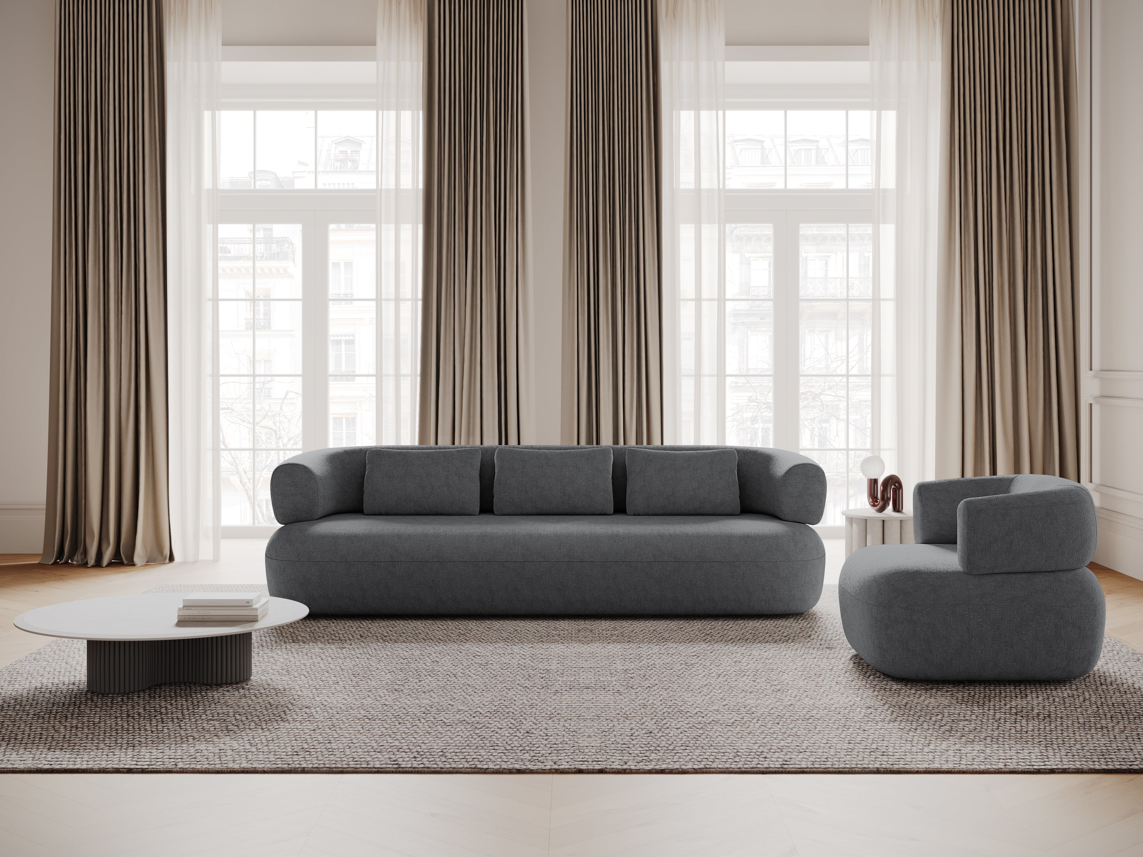 Sofa pro 3,5 osoby ALDRIN tmavě šedý šenil