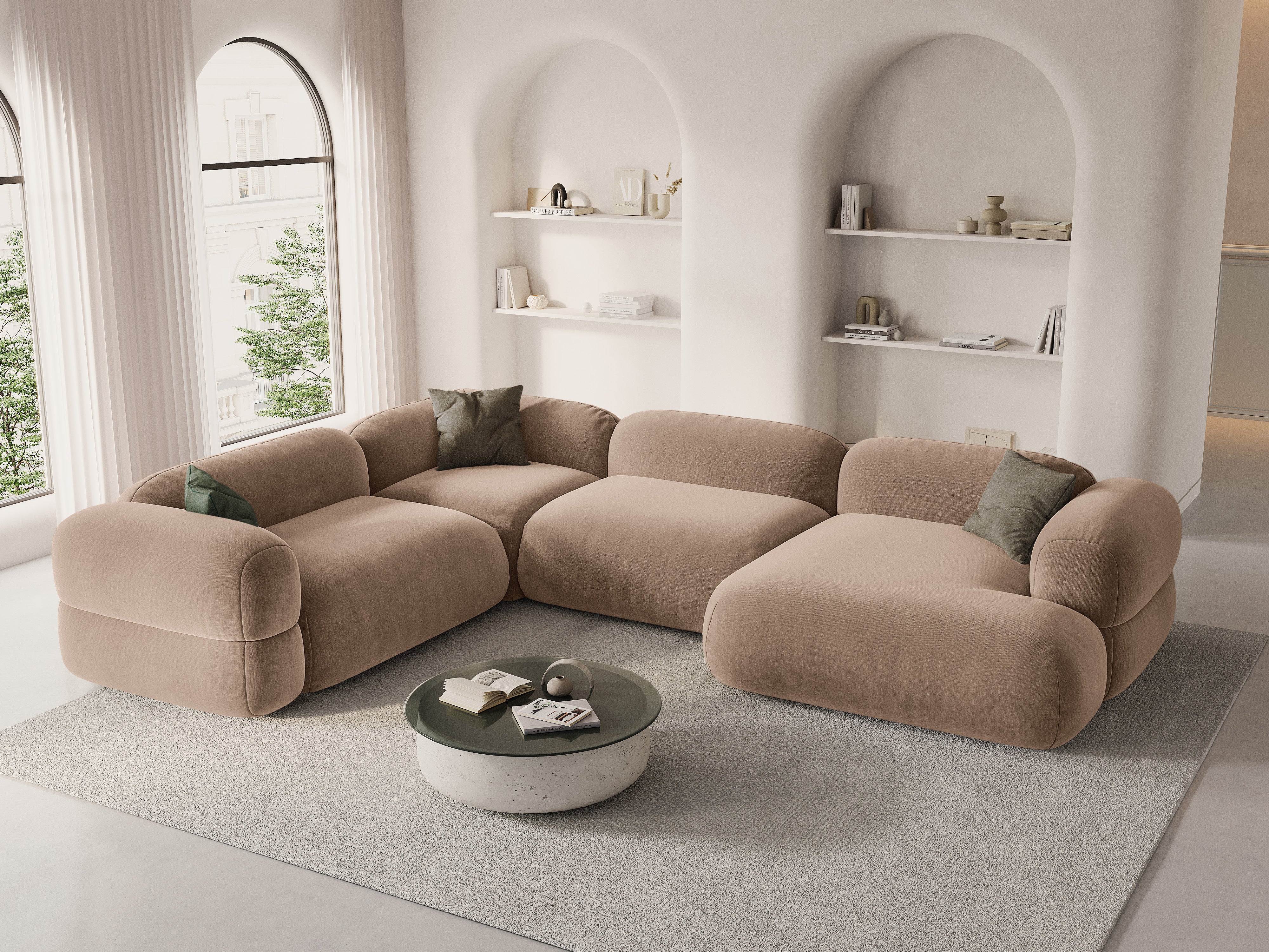 Left-facing U-shaped velvet corner sofa ROGER in dark beige
