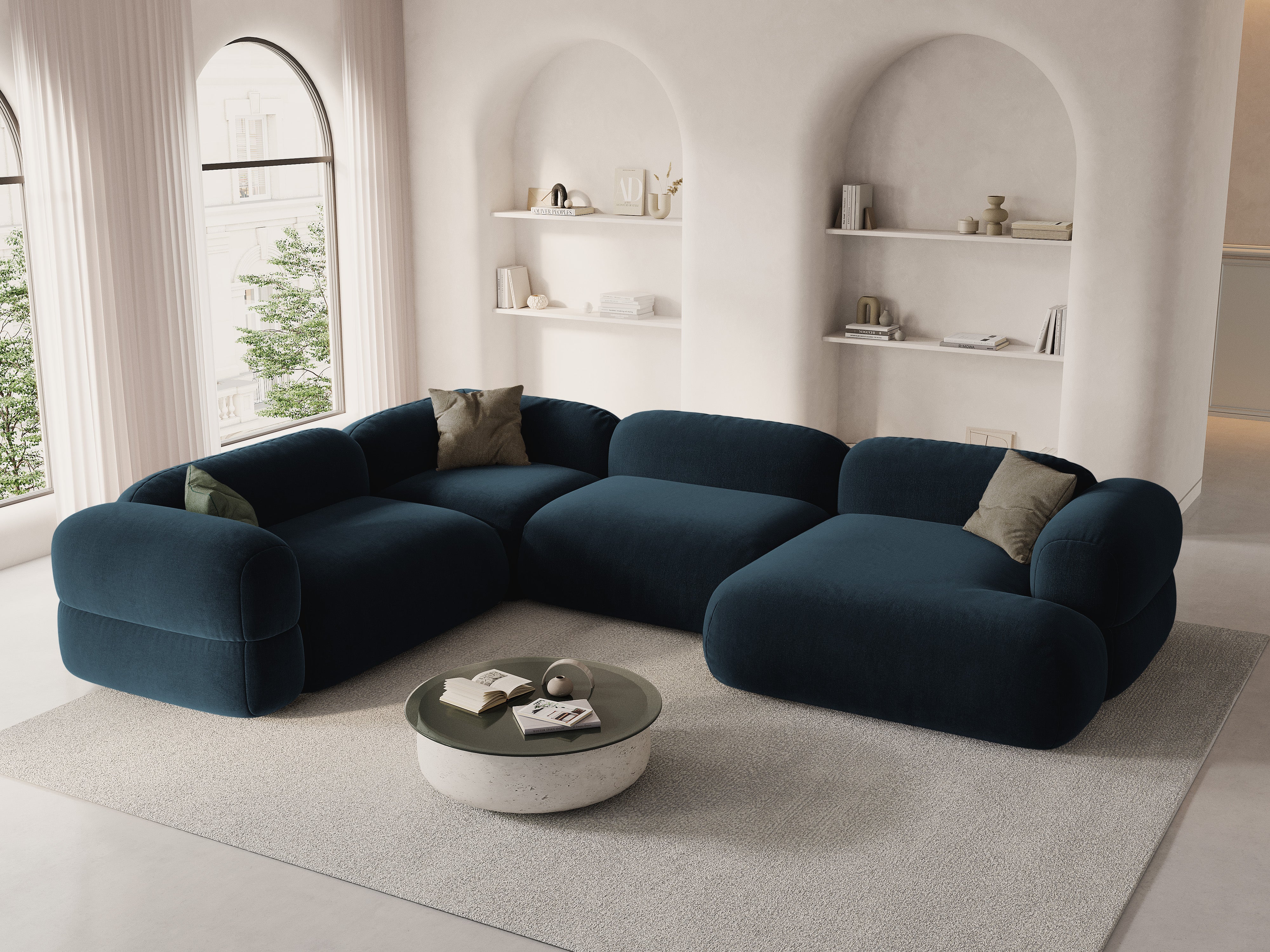 Sametový rohový gauč ve tvaru U levý ROGER modrý petrol