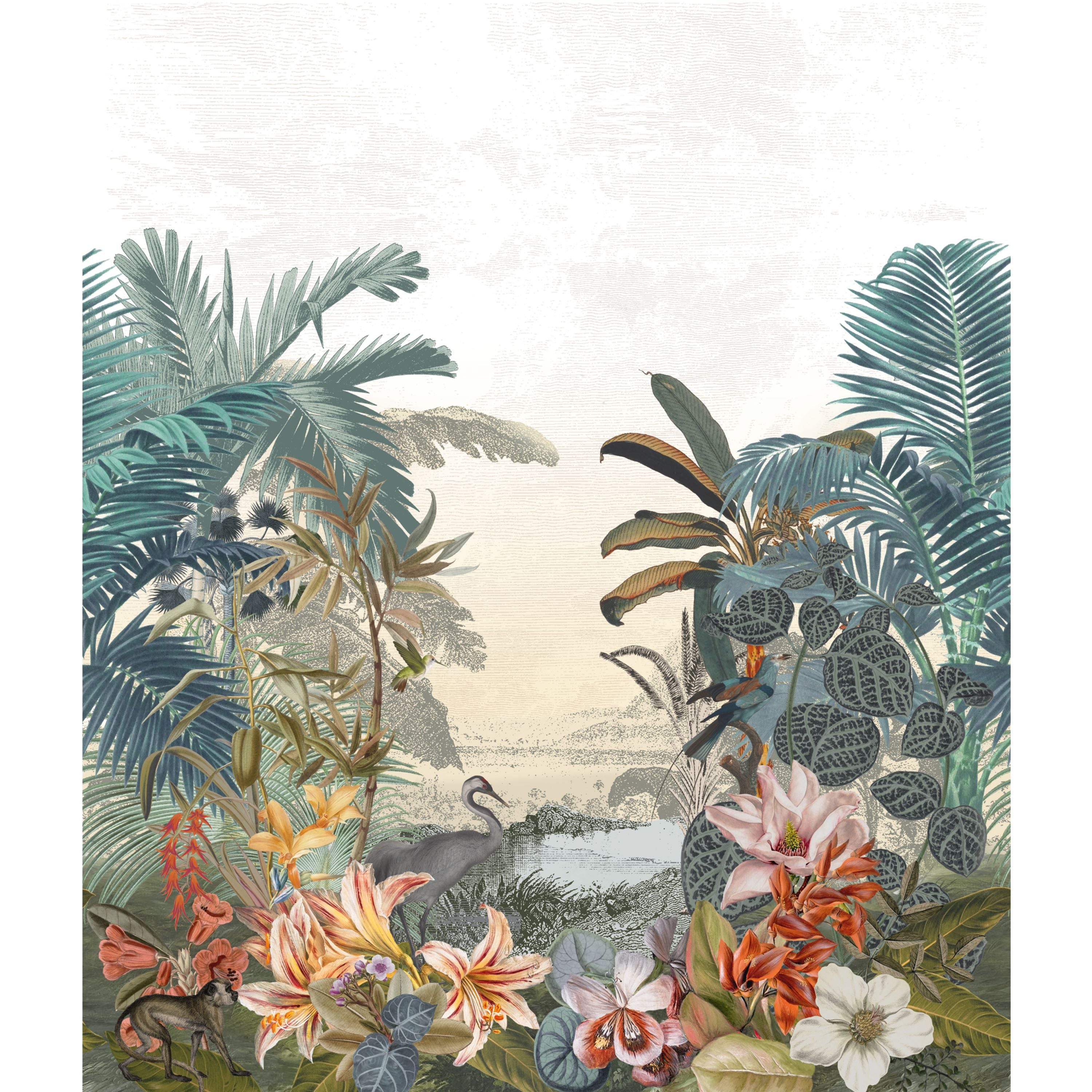 Textile mural with an exotic landscape PARAIBA green-blue with beige