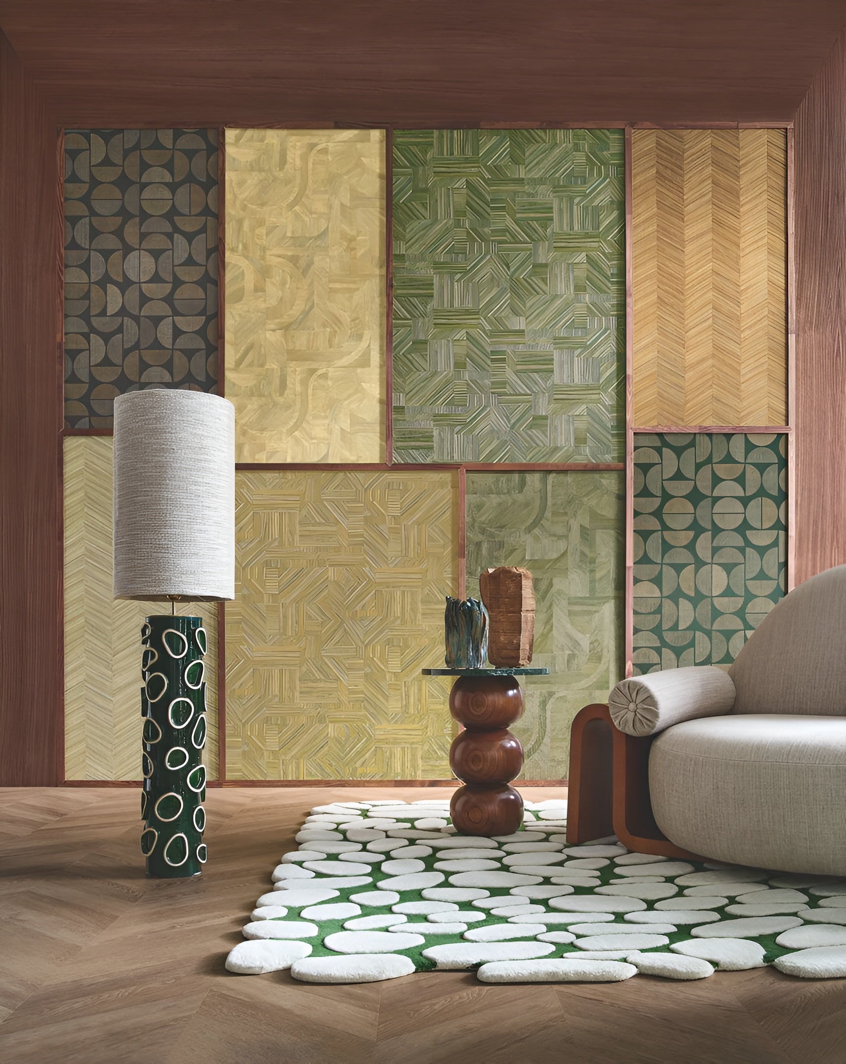 Geometric Wood-Effect Textured Wallpaper with Mosaic Pattern INTARSIA - SAND Travertine
