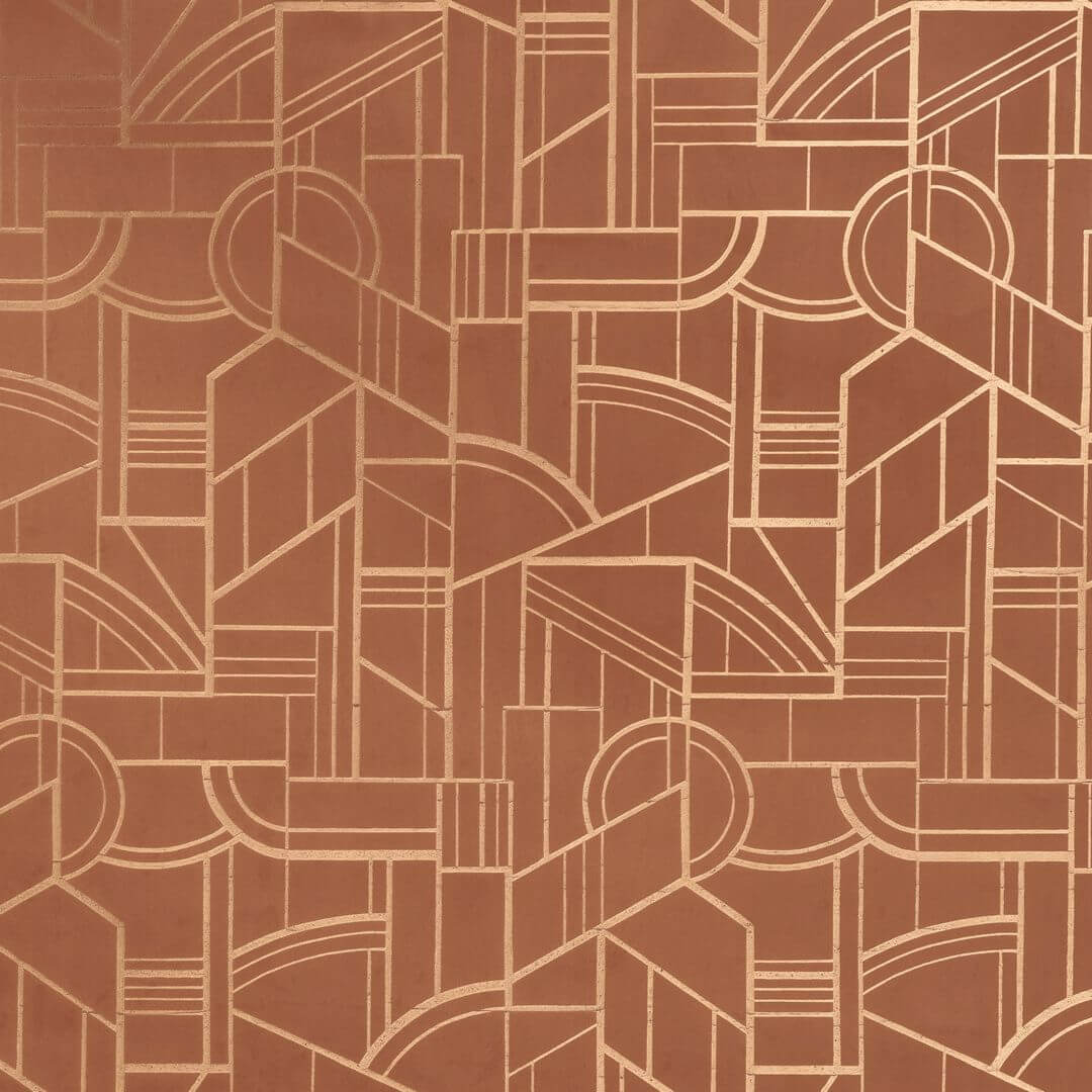 Metallic textile wallpaper with an Art Deco geometric pattern REIMS - TERRE DE SIENNE terracotta with gold