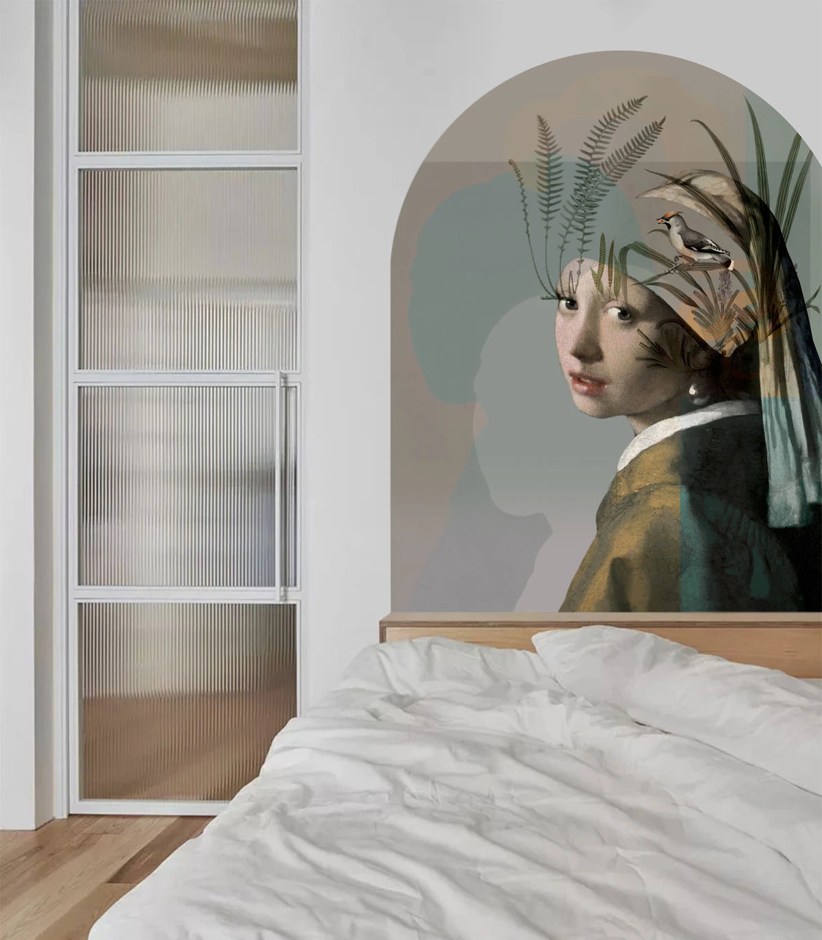 Vliesová tapeta ve tvaru oblouku PŘÍRODNÍ DÍVKA S PERLOU béžová se zelenou