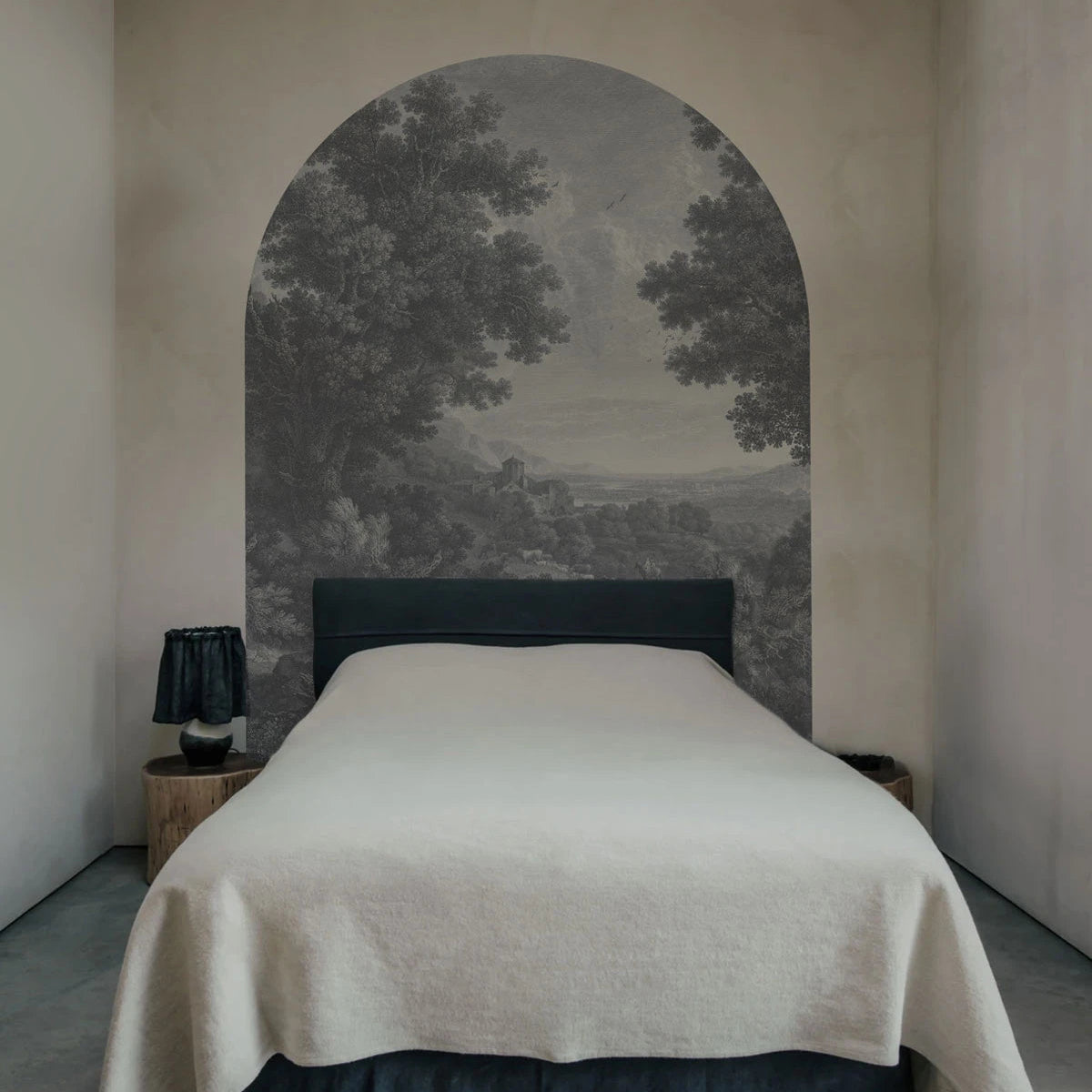 Vliesová tapeta ve tvaru oblouku MALEBNÉ ÚDOLÍ KLIDU šedá s modrou