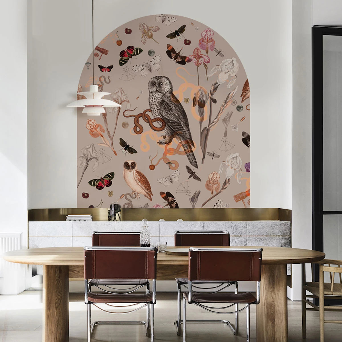 Růžový flizelinový mural ve tvaru oblouku PINK OWLS