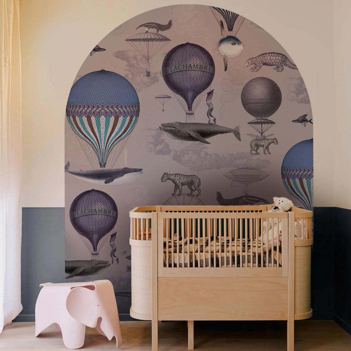 Vintage Balloons Arch-Shaped Children's Mural in Purple and Blue
