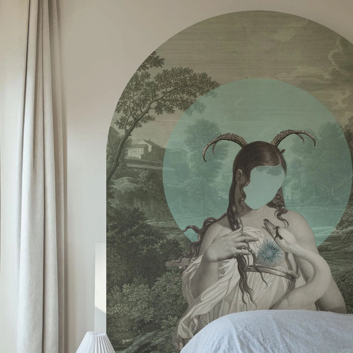 Arch-shaped mural with an artistic portrait of ZODIAC MUSE in green