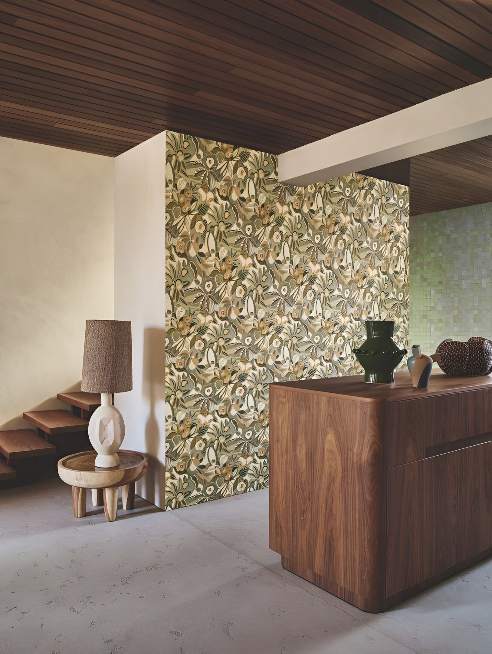 Structural wallpaper with a plant motif of leaves and flowers TEHUANA - CÉLADON/AMANDE mint green with almond