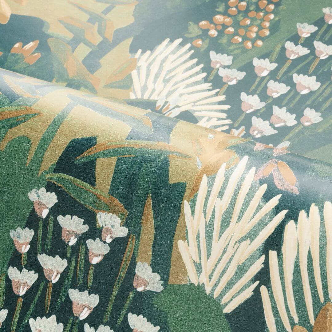 Plant-themed wallpaper with leaves and flowers ERICA - JASPE/MORDORÉ green
