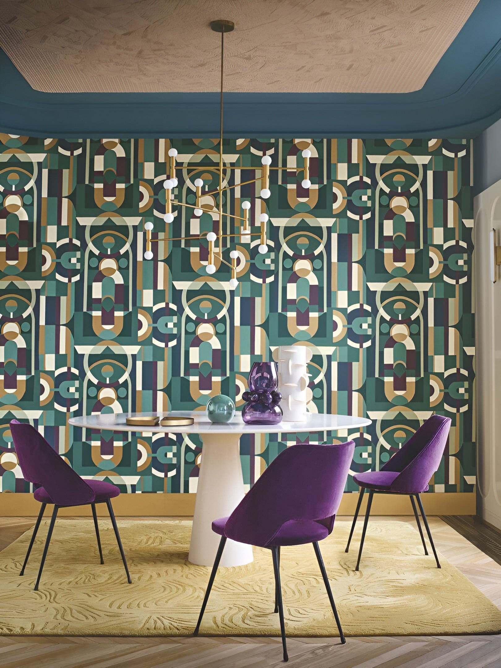 Stained Glass Geometric Pattern Wallpaper VITRAIL - ÉMERAUDE/VIOLET Emerald with Purple