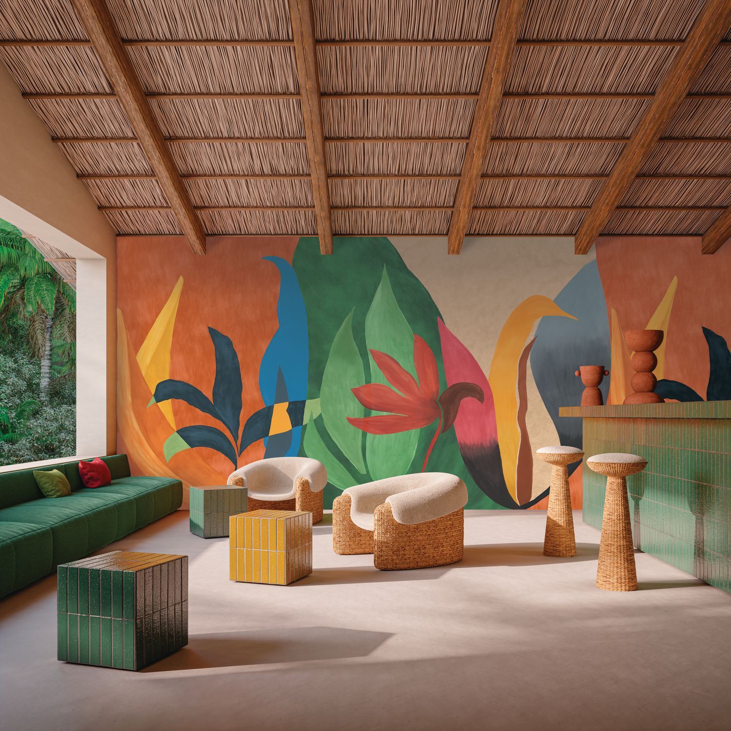 Mural with an abstract plant motif of NAHUA leaves in orange and green