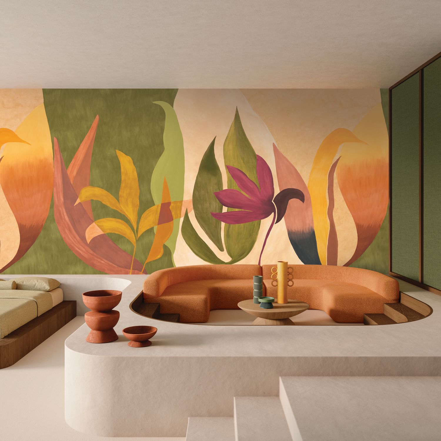 Mural with an abstract plant motif of NAHUA leaves in orange and green