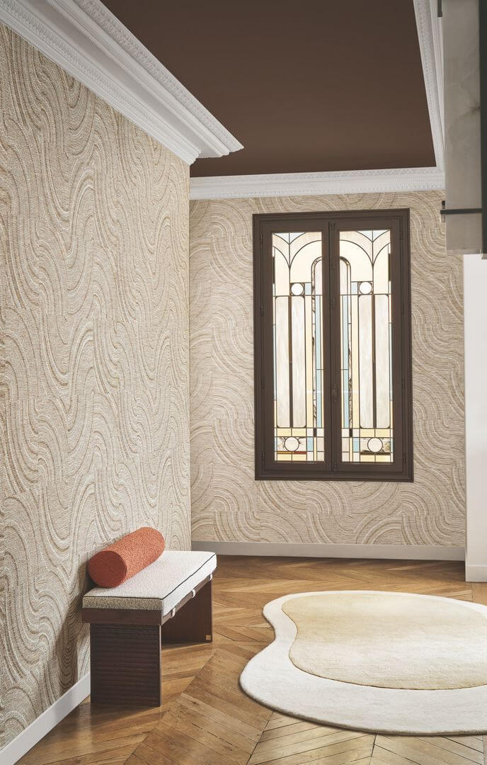 Structural textile wallpaper with a geometric pattern ALENTOURS - IVORY ORANGE ivory