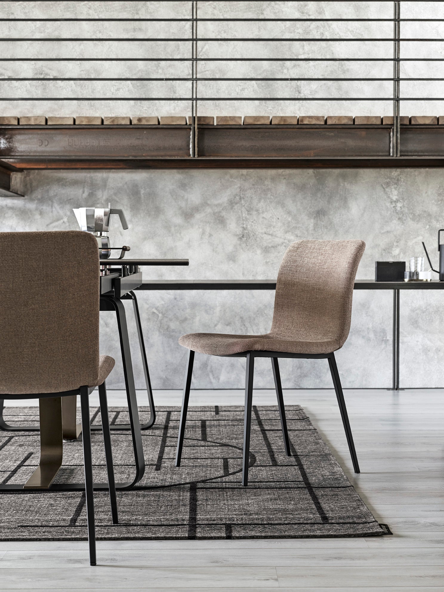 ANNIE upholstered chair with a brown metal base