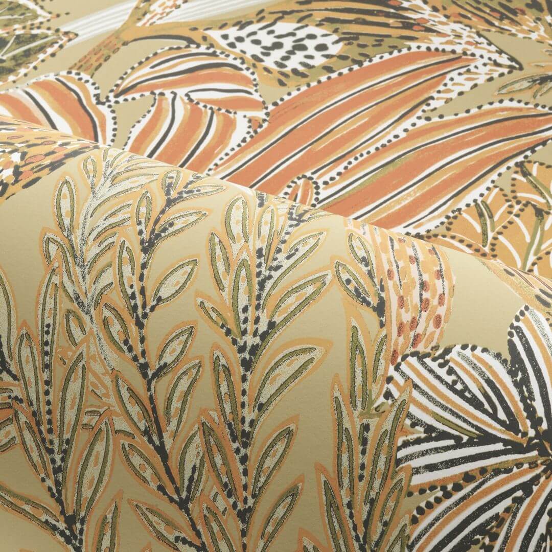 Tropical Leaf Pattern Wallpaper BORROMMEE - LICHEN/TERRE DE SIENNE Olive Green with Bronze