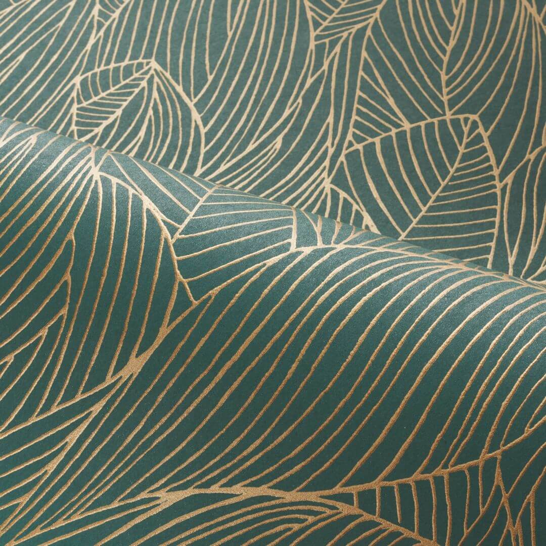 Hosta Wallpaper with Leaf Plant Motif and Metallic Effect - Green with Gold