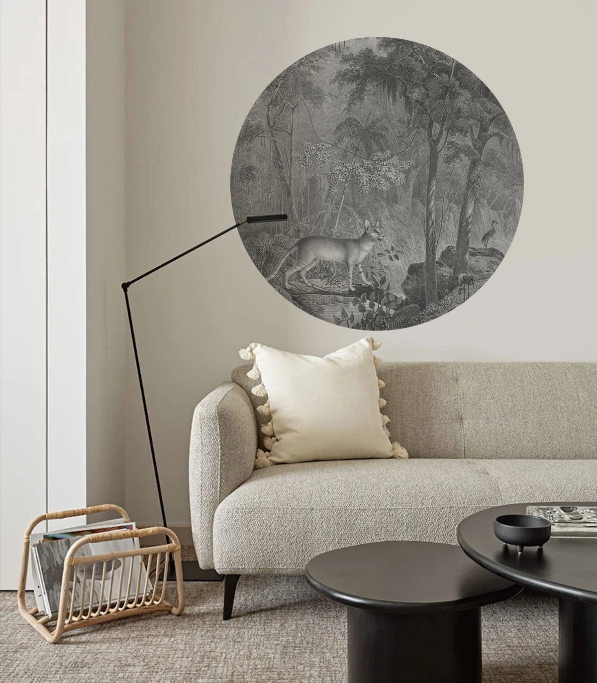 Nástěnná malba ve tvaru kruhu DOTS - JUNGLE CAT šedá