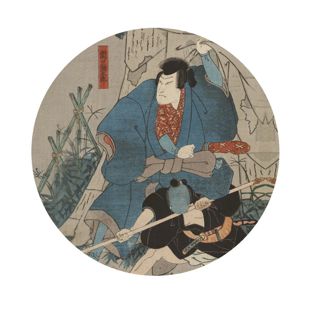 Nástěnná malba ve tvaru kruhu DOTS - SAMURAI SAGA béžová s modrou