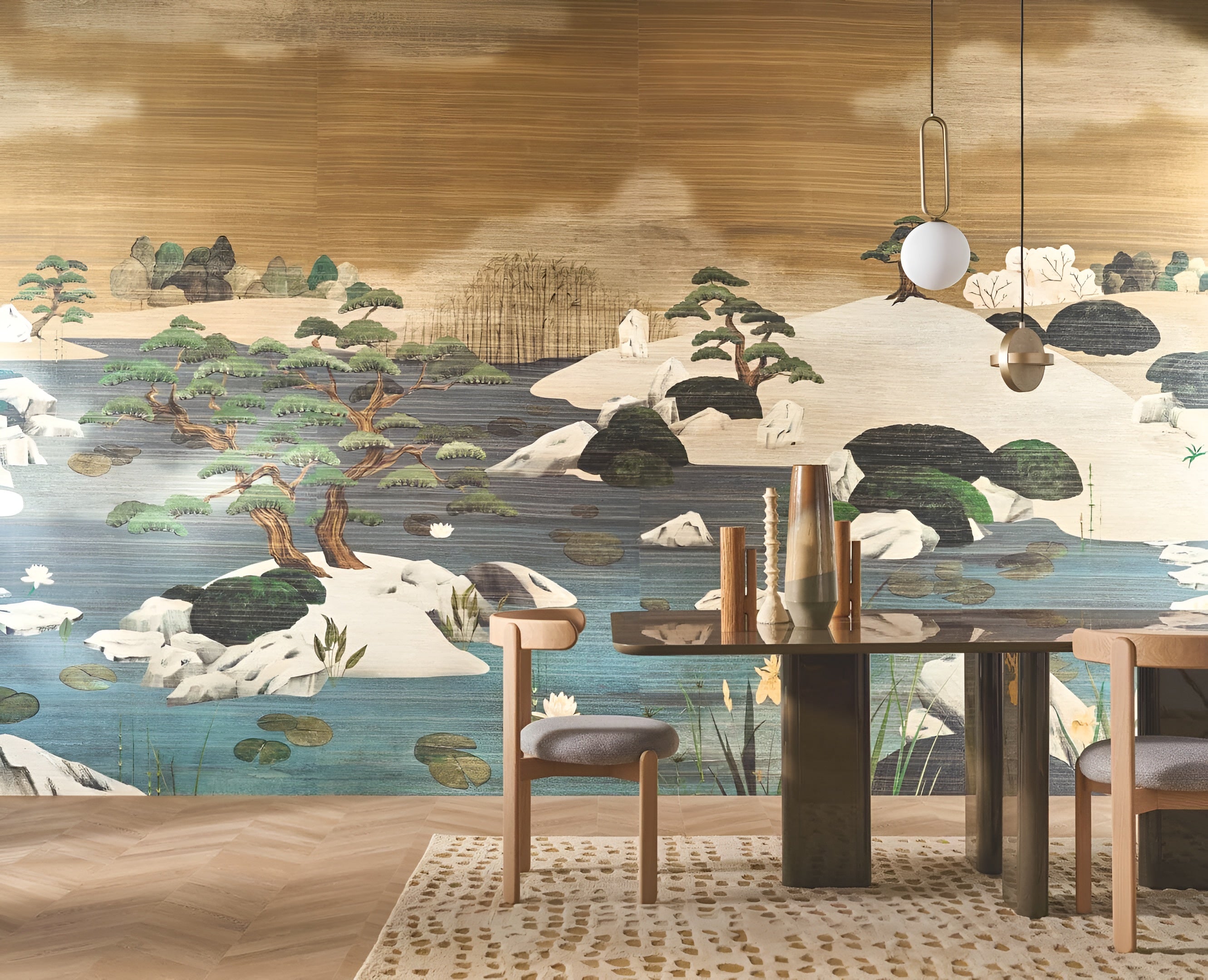 Textilní mural s japonskou krajinou ADACHI - MORDORÉ MARINE modrý s bronzem