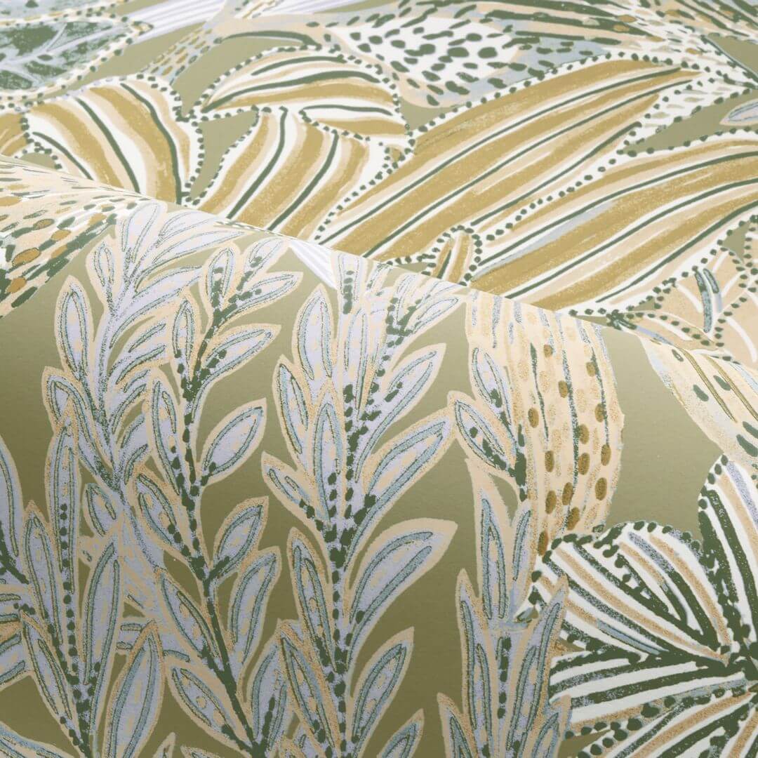 Tapeta s motivem tropických listů BORROMMEE - SAUGE/LILAS béžová s lila