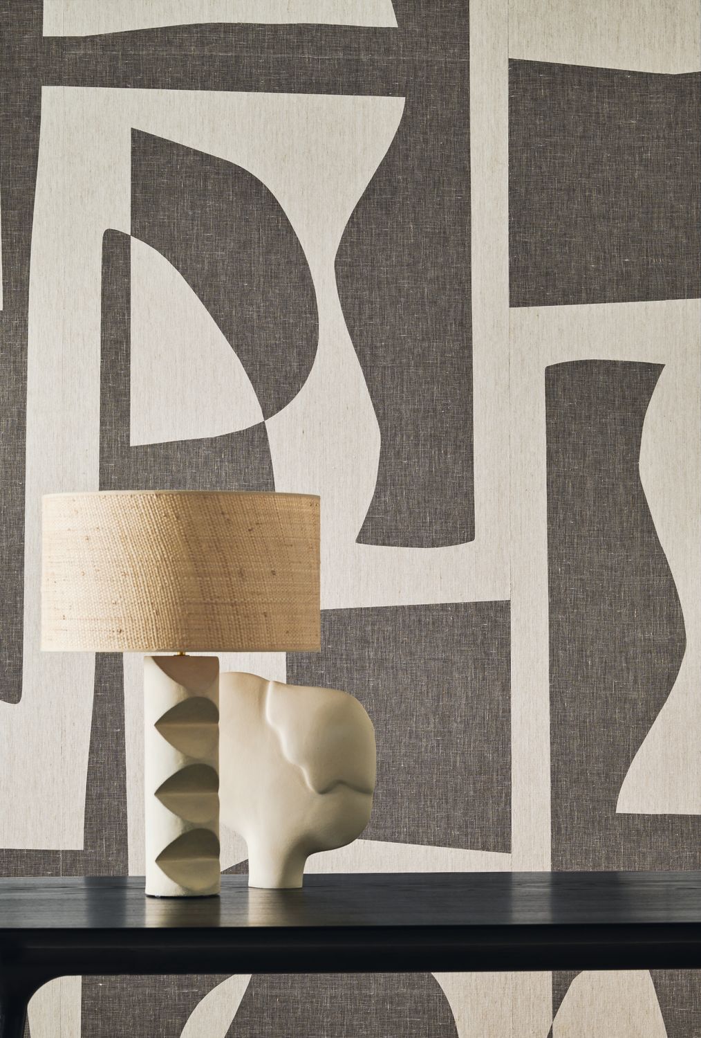 Textile mural with geometric pattern CONCORDANCE beige with brown