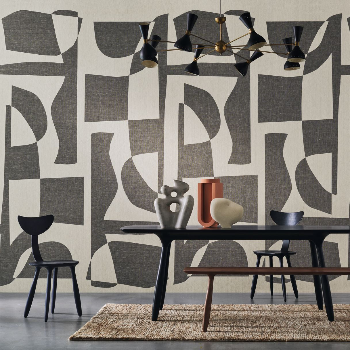 Textile mural with geometric pattern CONCORDANCE beige with brown