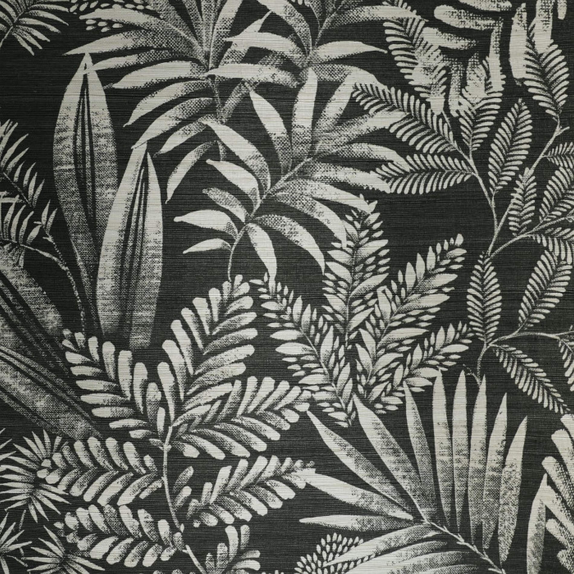 Structural wallpaper made of sisal with a plant motif of MANDRARE leaves - CARBONE black with white