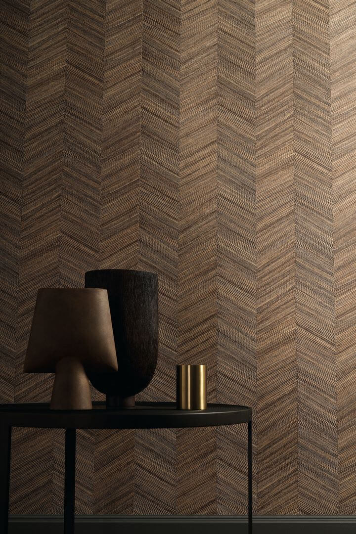 Geometric Structural Wallpaper Imitating Wood with Herringbone Pattern OCOTEA - SEPIA Warm Brown