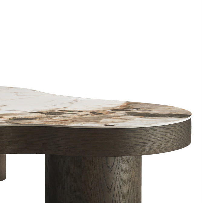 LANGFORD Brown Oak Veneer Coffee Table with Beige Ceramic Top