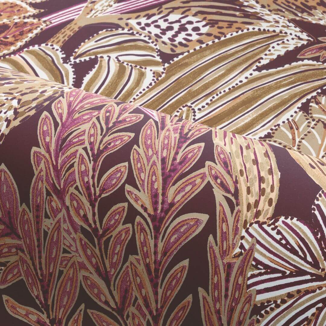 Tropical Leaf Pattern Wallpaper BORROMMEE - PURPLE/OLIVE purple with olive