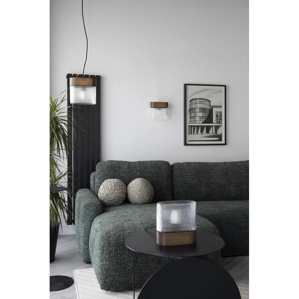 FLUMINA table lamp with ribbed glass and black ash wood