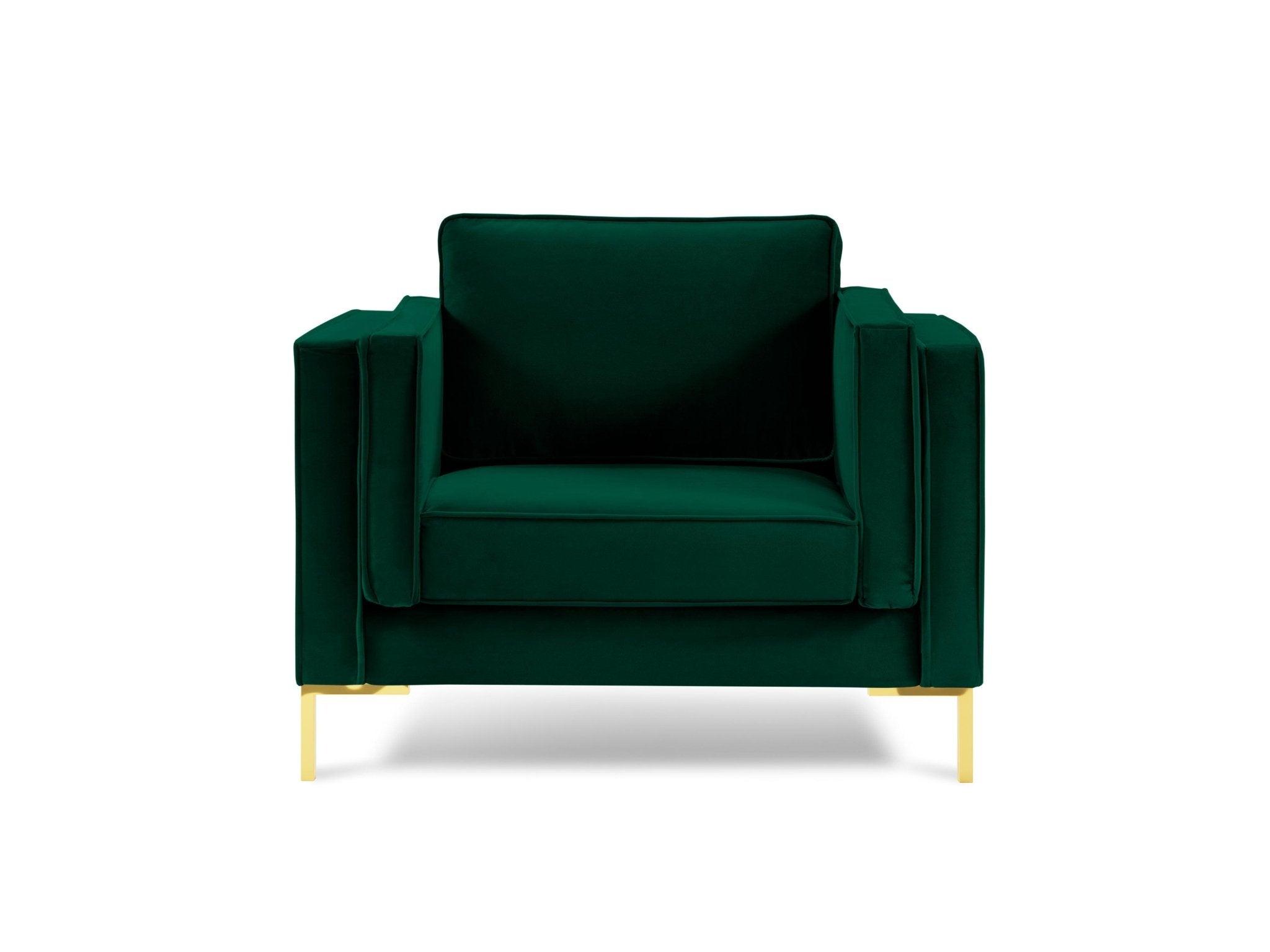 Fotel aksamitny LUIS zieleń butelkowa ze złotą podstawą Milo Casa Eye on Design